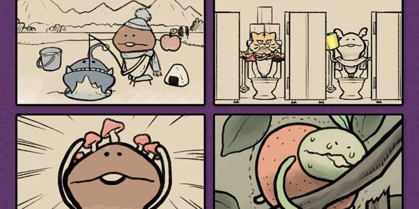 Quatre scénarios comiques mettant en scène des personnages-champignons : tentative de pousser un gros poisson à travers la glace, situation de détresse sans papier toilette, champignons en équilibre sur la tête, et lutte avec des fruits.