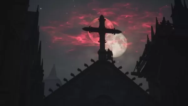 Player character Coen struggles atop a church under the light of two full moons, one normal and another blood red emitting a ruby haze upon the sky