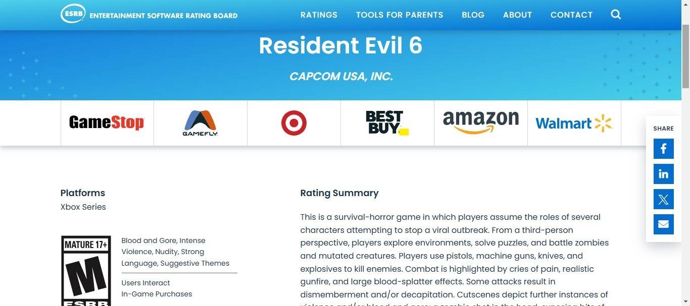 ESRB Rates Resident Evil 6 for Xbox Series Platform
