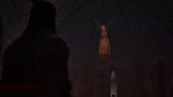 Blood of Dawnwalker protagonist Coen looks on as a woman is left for dead, strung up in a cathedral