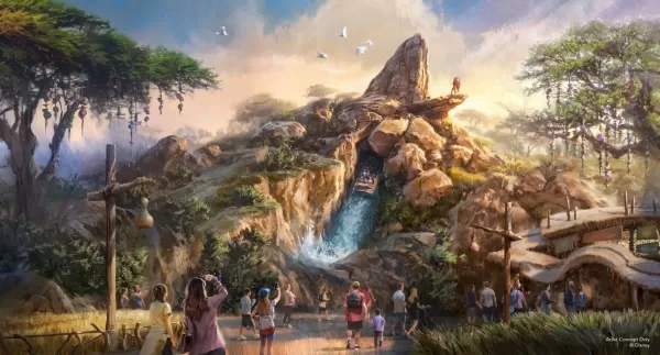 Concept art of Lion King ride showing animatronics of Simba, Timon, and Pumbaa in jungle setting