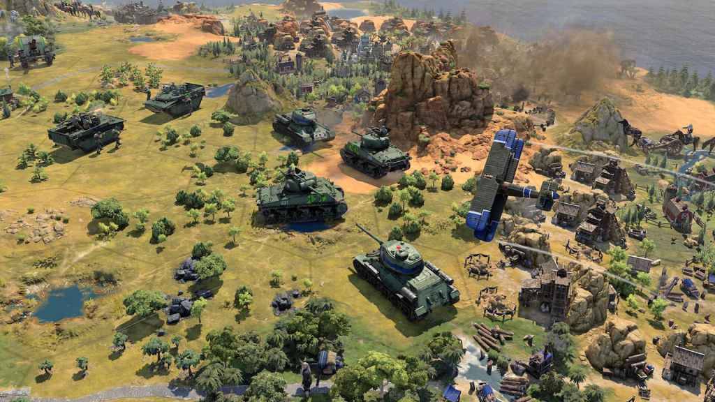 Civilization 7, una mappa con carri armati che si muovono su di essa.
