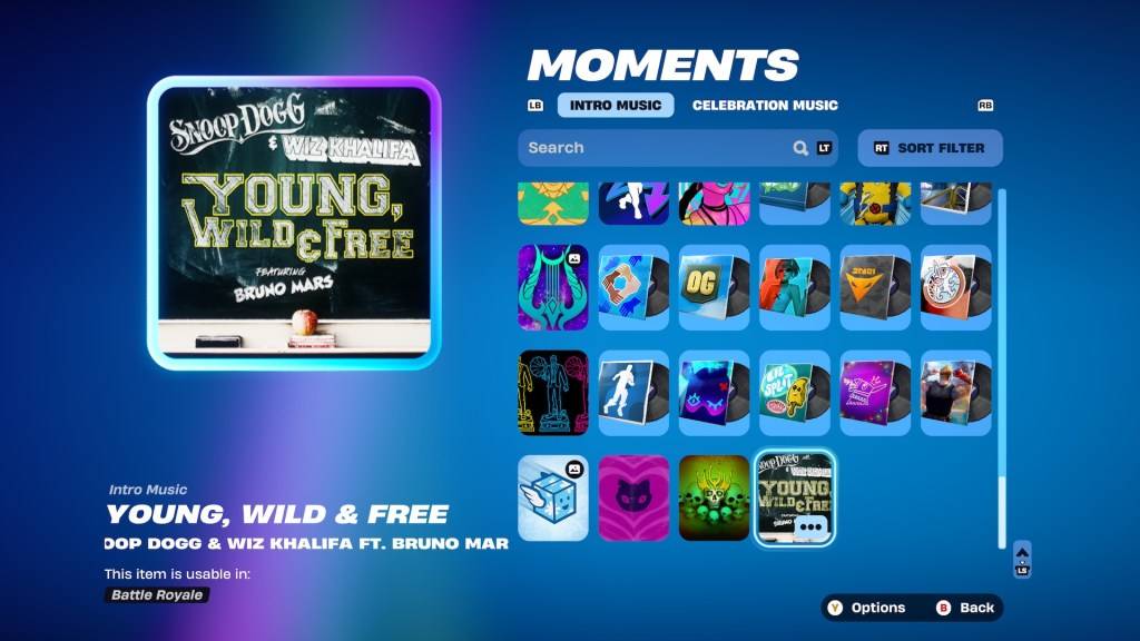 Jam Tracks selection screen within the Fortnite Moments menu.