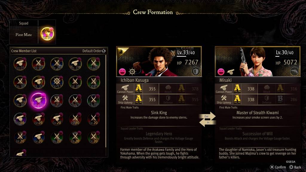 The Crew Formation stat screen for Misaki in Like a Dragon: Ishin! (Pirate Yakuza in Hawaii)