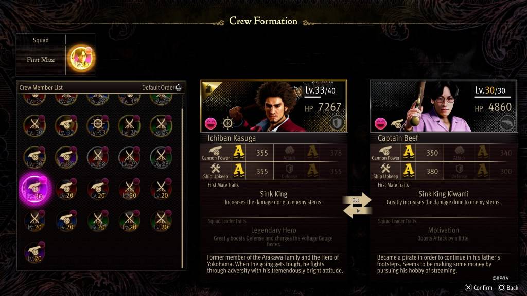 The Crew Formation stat screen for Captain Beef in Like a Dragon: Ishin! (Pirate Yakuza in Hawaii)