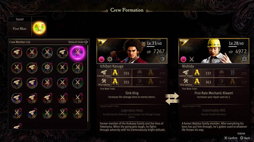 The Crew Formation stat screen for Nishida in Like a Dragon: Ishin! (Pirate Yakuza in Hawaii)