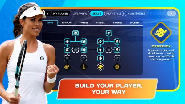 Female tennis player celebrating victory with determined fist pump in front of skill tree interface