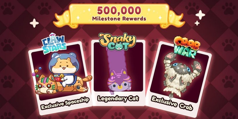 Immagini che mostrano Claw Stars Esclusive Spaceship, Legendary Cat and Crab Wars Crab Esclusiva 500.000 pre -registrazioni Milestone Rewards
