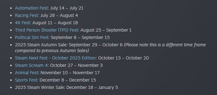 Calendário das Vendas da Steam, Segundo Semestre de 2025