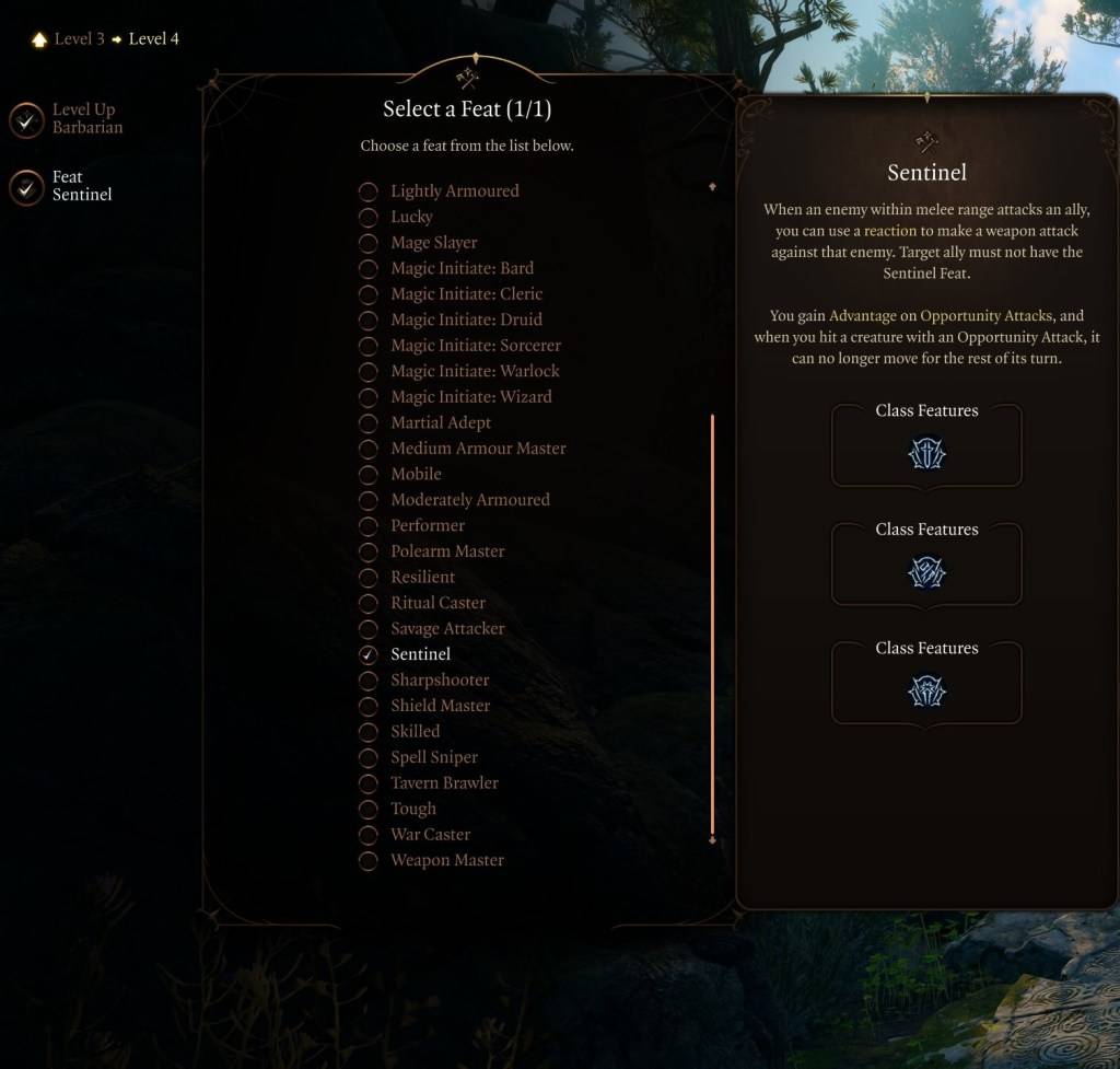 Изображение, показывающее Sentinel подвиг в Baldur's Gate 3 (BG3), как часть статьи о лучших подвигах для выбора для класса.