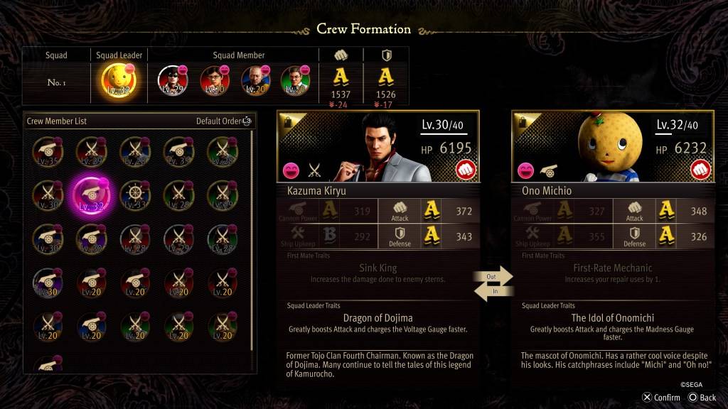 The Crew Formation stat screen for Ono Michio in Like a Dragon: Ishin! (Pirate Yakuza in Hawaii)