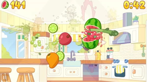 colorful fruits being sliced in midair